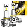Two super bright LED headlight bulbs with turbo cooling fans shown next to their packaging box