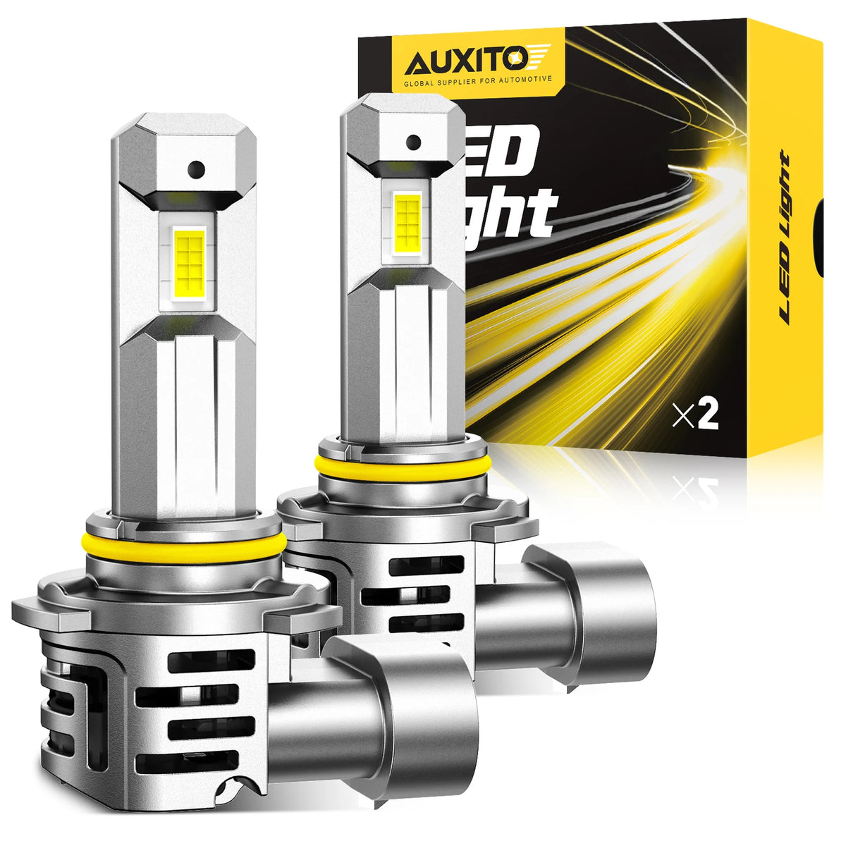 Two super bright LED headlight bulbs with turbo cooling fans shown next to their packaging box