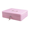 A pink lockable cash box with a metal handle and coin tray.
