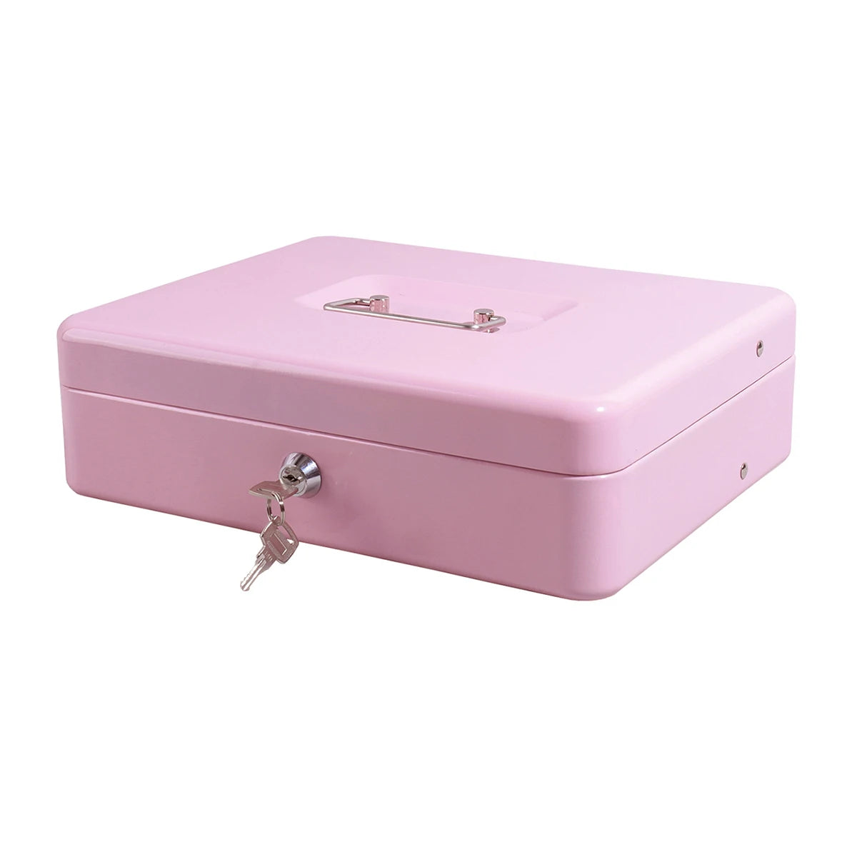 A pink lockable cash box with a metal handle and coin tray.
