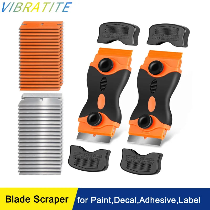 A set of orange and black blade scrapers used for removing paint, decals, adhesives, and labels.