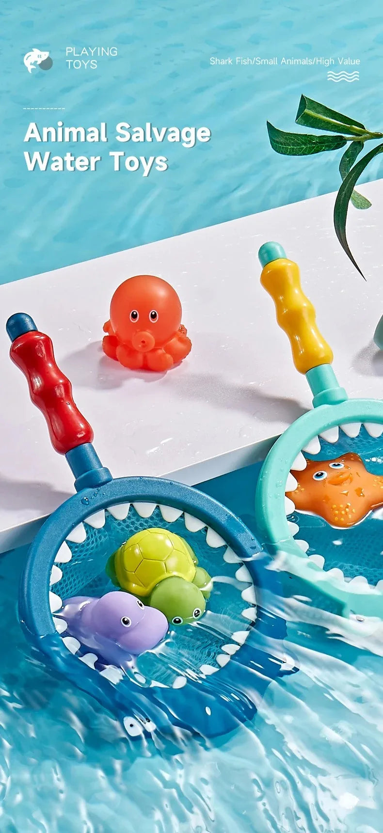 An Animal Salvage water toy set featuring a turtle and an orange fish floating in blue water.