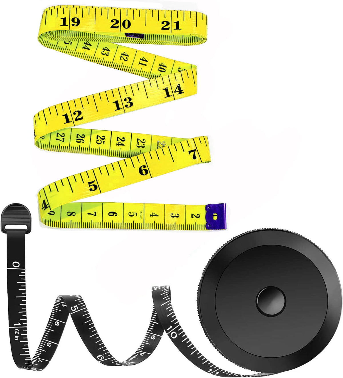 A flexible soft tape measure with dual-sided markings and a circular measuring wheel is shown.