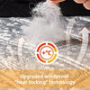 Close-up of a white, fluffy material being pulled from a fabric, demonstrating upgraded windproof heat-locking technology.