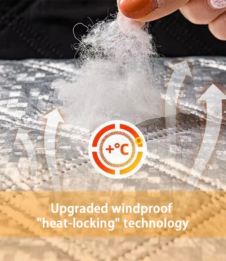 Close-up of a white, fluffy material being pulled from a fabric, demonstrating upgraded windproof heat-locking technology.