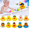 A collection of various yellow and orange rubber duck bath toys for children