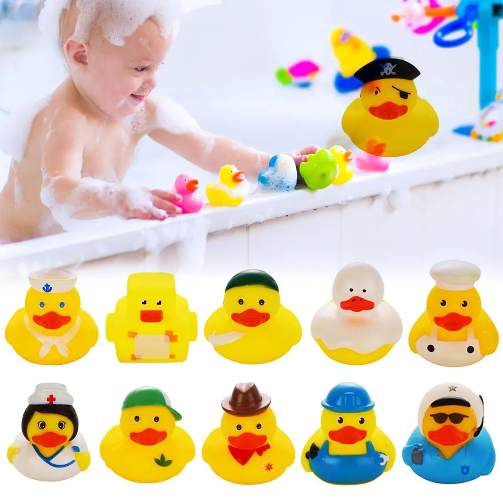 A collection of various yellow and orange rubber duck bath toys for children