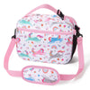 Pink insulated lunch bag with a rainbow pattern and adjustable shoulder strap