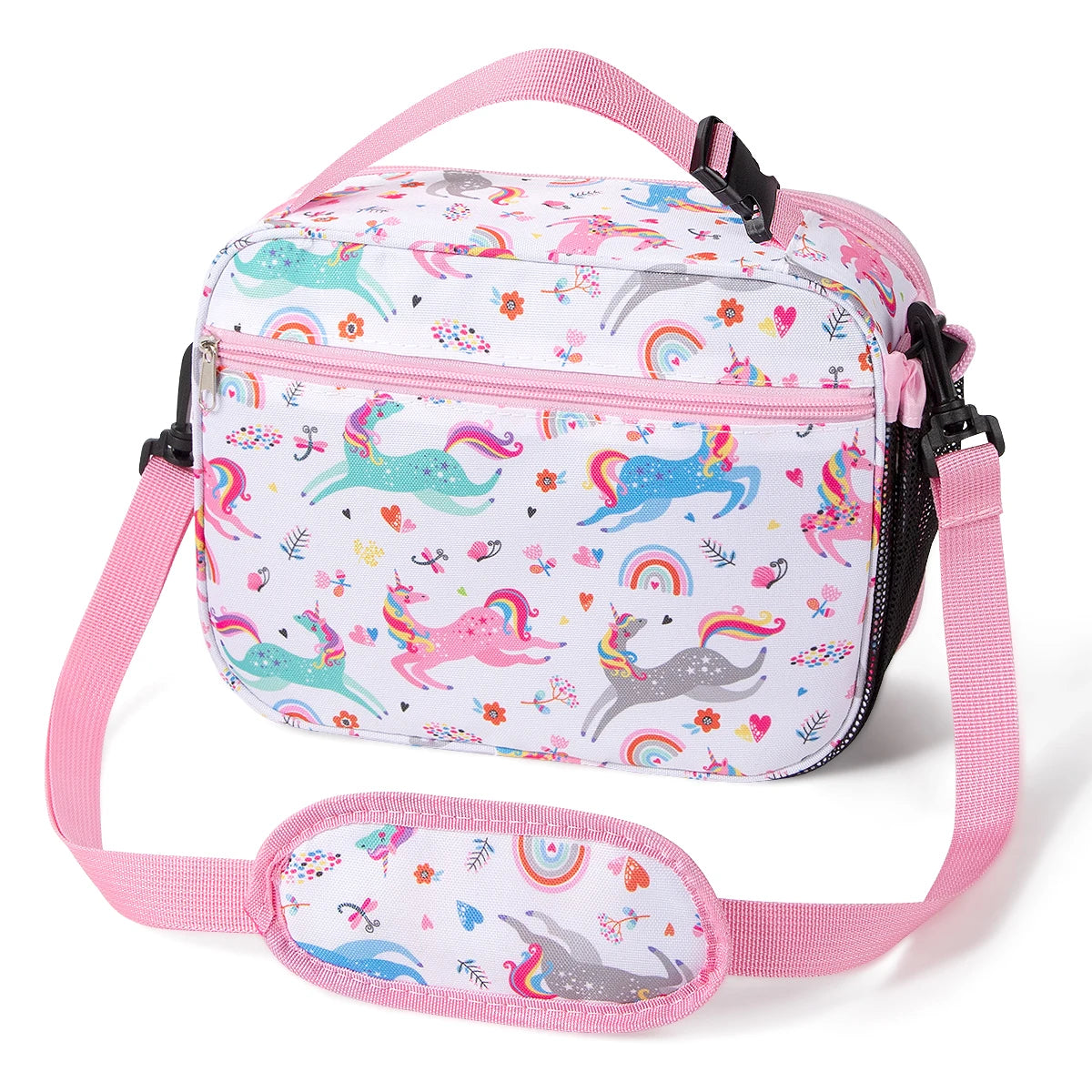 Pink insulated lunch bag with a rainbow pattern and adjustable shoulder strap