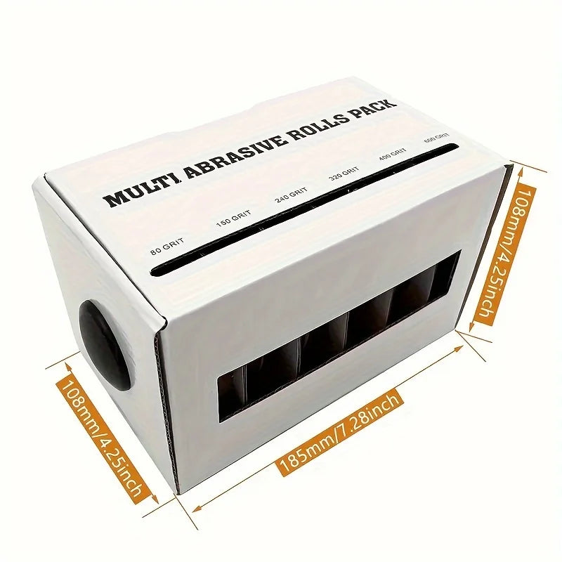 A white box containing a multi abrasive rolls pack of sandpaper grits with a dispenser.