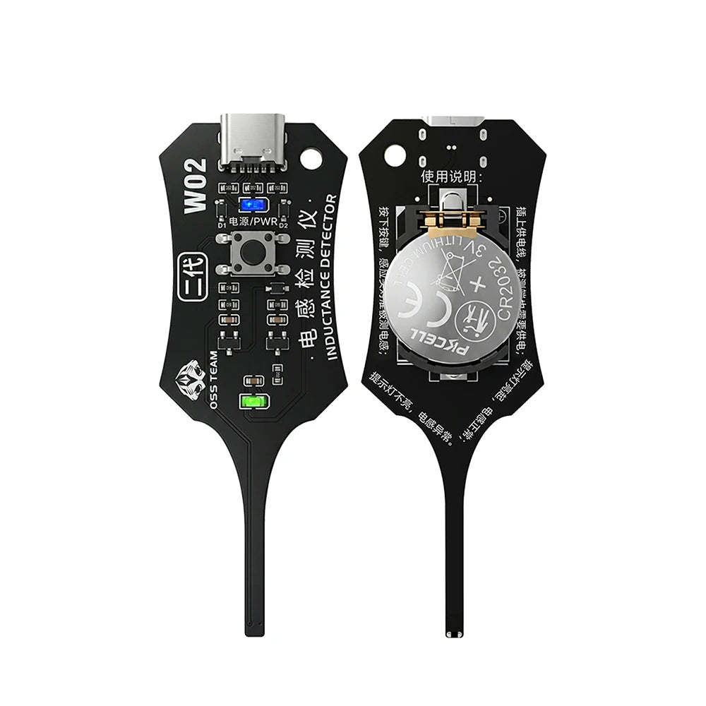 A black Type-C portable inductance tester device with a long probe and various connectors is shown.
