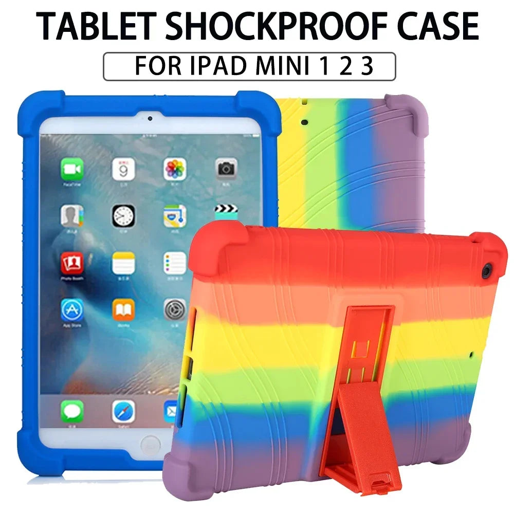 A silicone shockproof case with a kickstand for an iPad Mini, shown in various colors including blue, yellow, and orange.