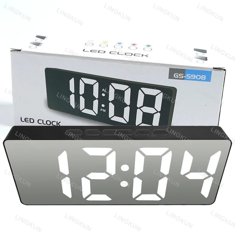A rectangular LED clock display showing 10:08 PM on a white box.