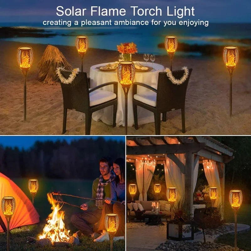 Solar flame torch lights illuminating a romantic outdoor setting with candles and a bonfire.