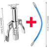 A silver heavy-duty grease gun coupler and flexible blue hose with a connector.