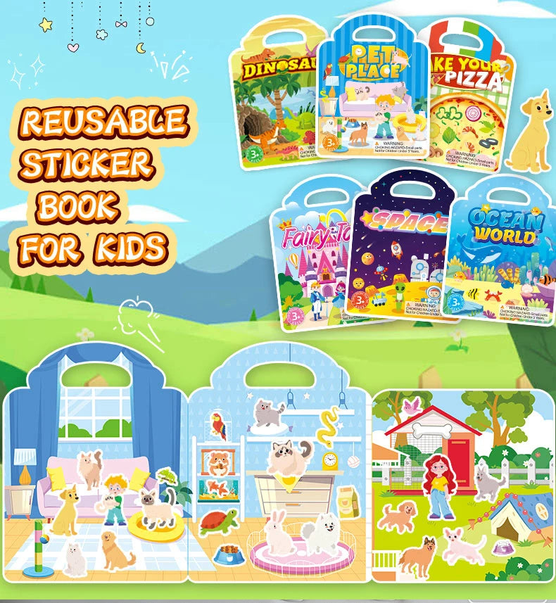 A collection of reusable sticker books featuring dinosaur, pet place, pizza, fairy, space, and ocean world animal themes for 