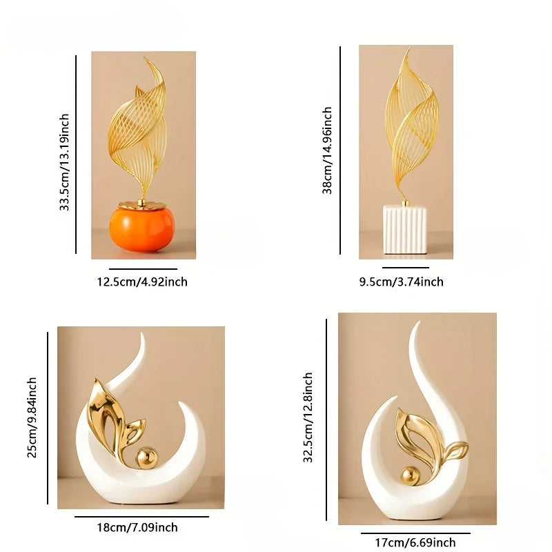 A set of Nordic ceramic sculptures featuring golden leaves on white and orange bases.