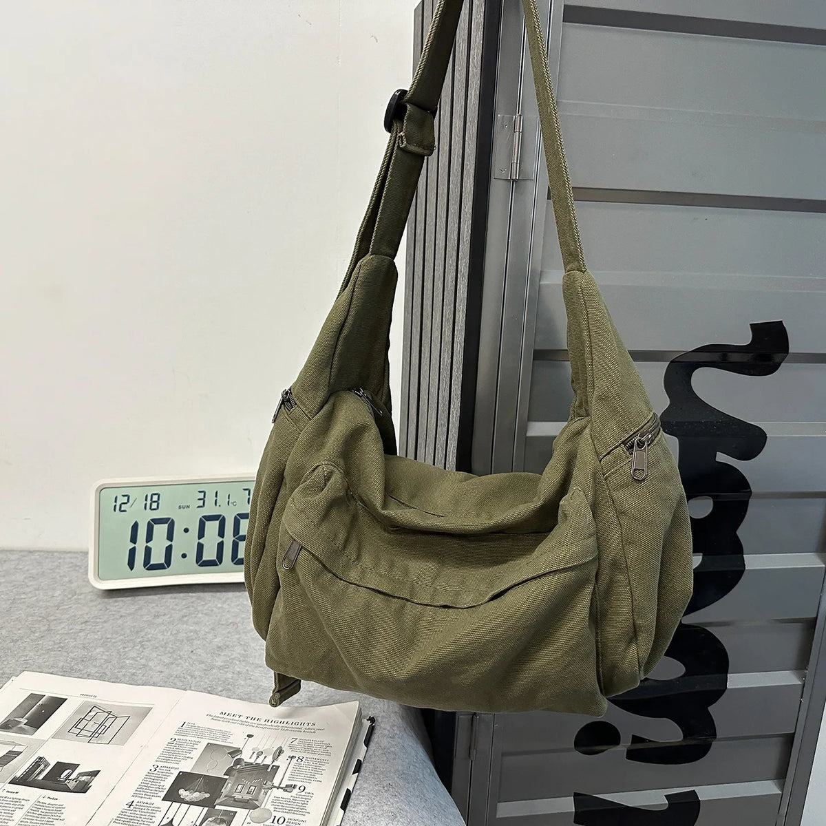 Cotton Canvas Crossbody Bag with Large Capacity