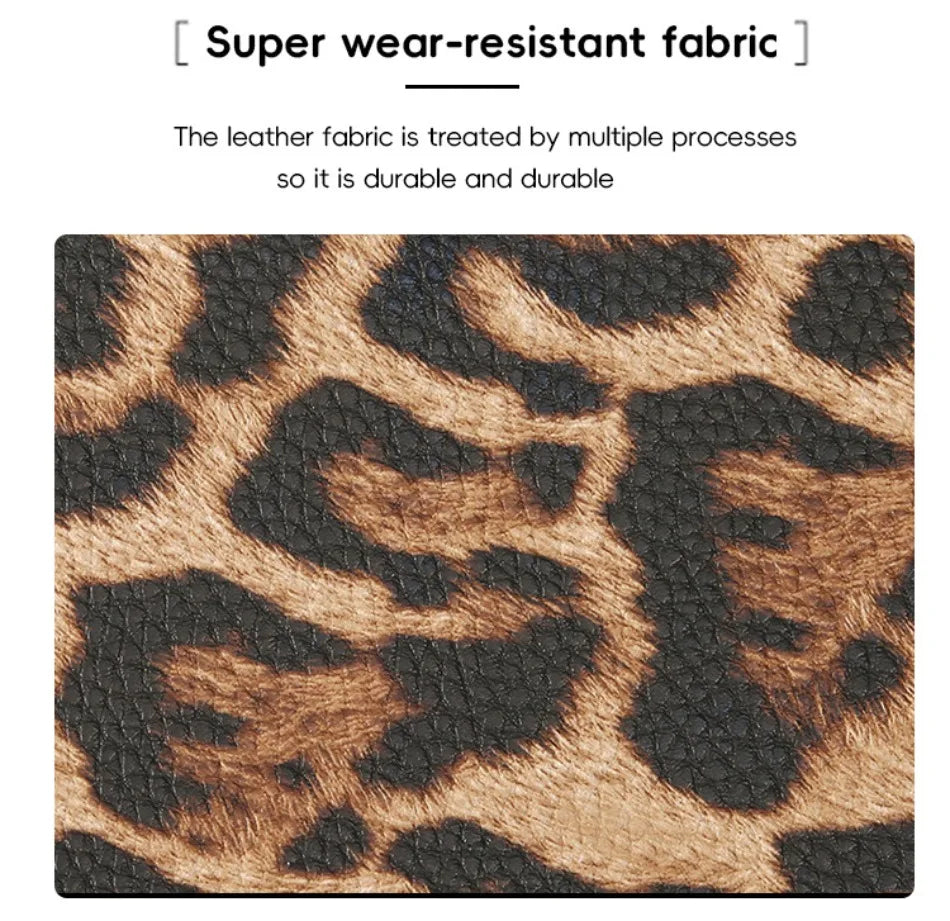 A close-up of a brown and black leopard print leather fabric used for a durable wallet.