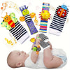 A set of soft teether booties and socks with sensory toys for a baby