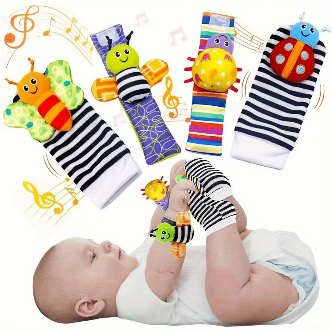 A set of soft teether booties and socks with sensory toys for a baby