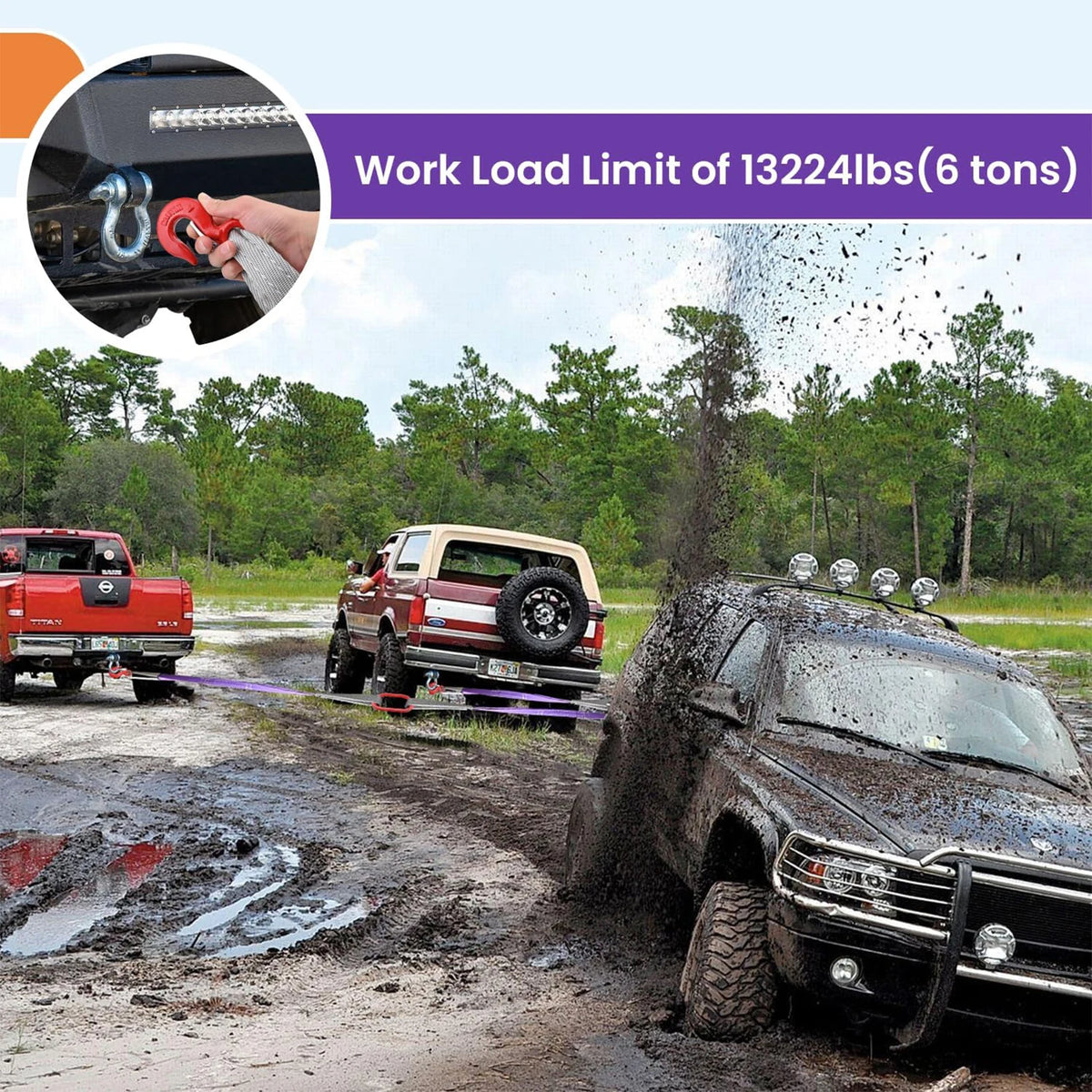 Heavy duty polyester lifting slings with hooks demonstrating a work load limit of 13224 lbs.