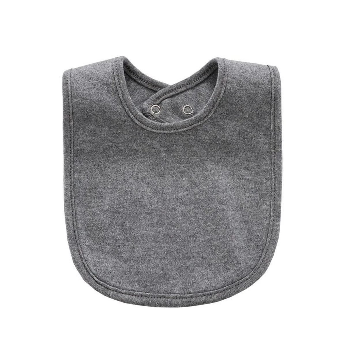 A soft gray cotton baby bib with a rounded shape and a small collar.