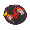 An embroidered patch featuring a stylized foxhound face wearing a hat and surrounded by flames on a black background.