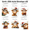Twelve adorable Highland cow Christmas cards featuring various expressions and designs.