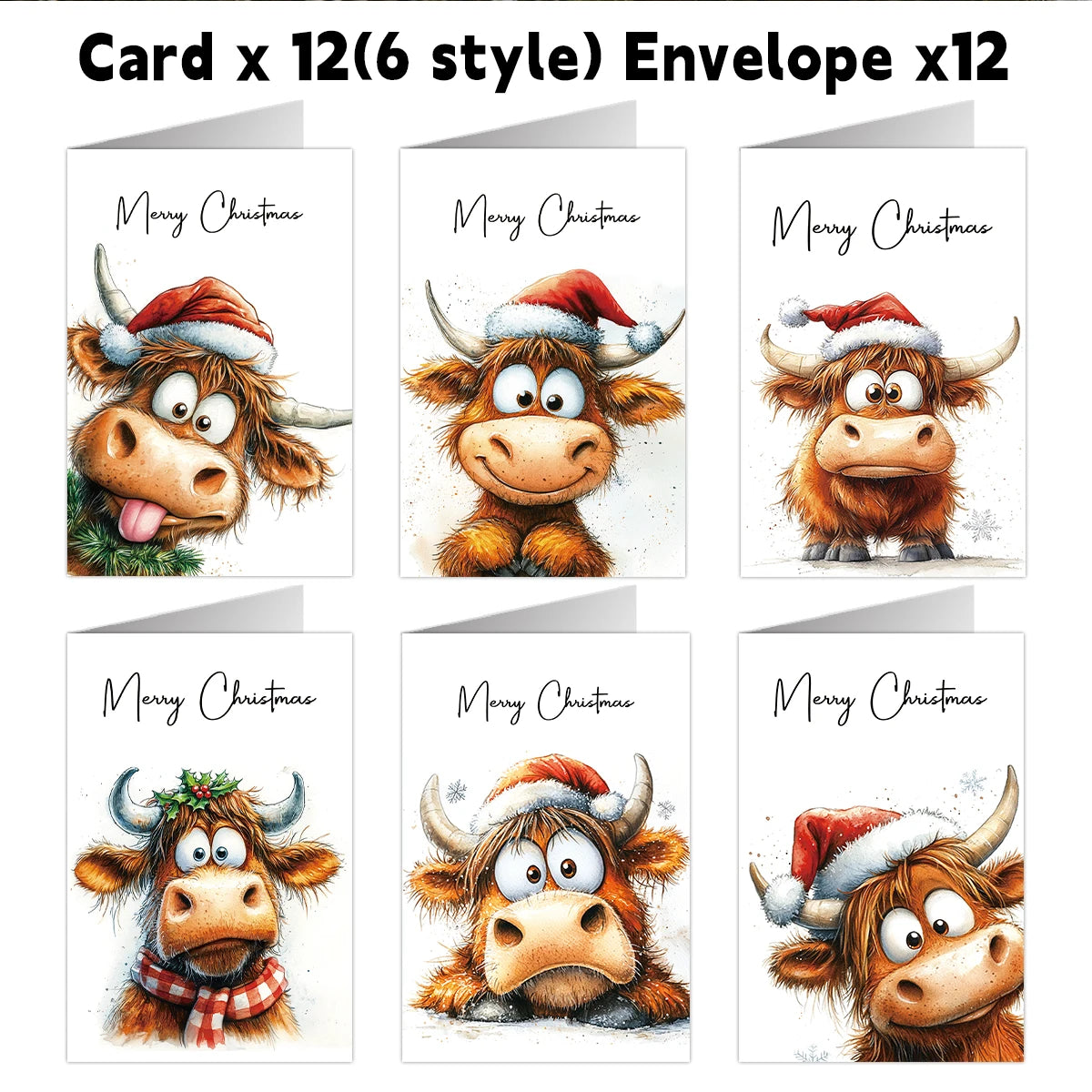 Twelve adorable Highland cow Christmas cards featuring various expressions and designs.