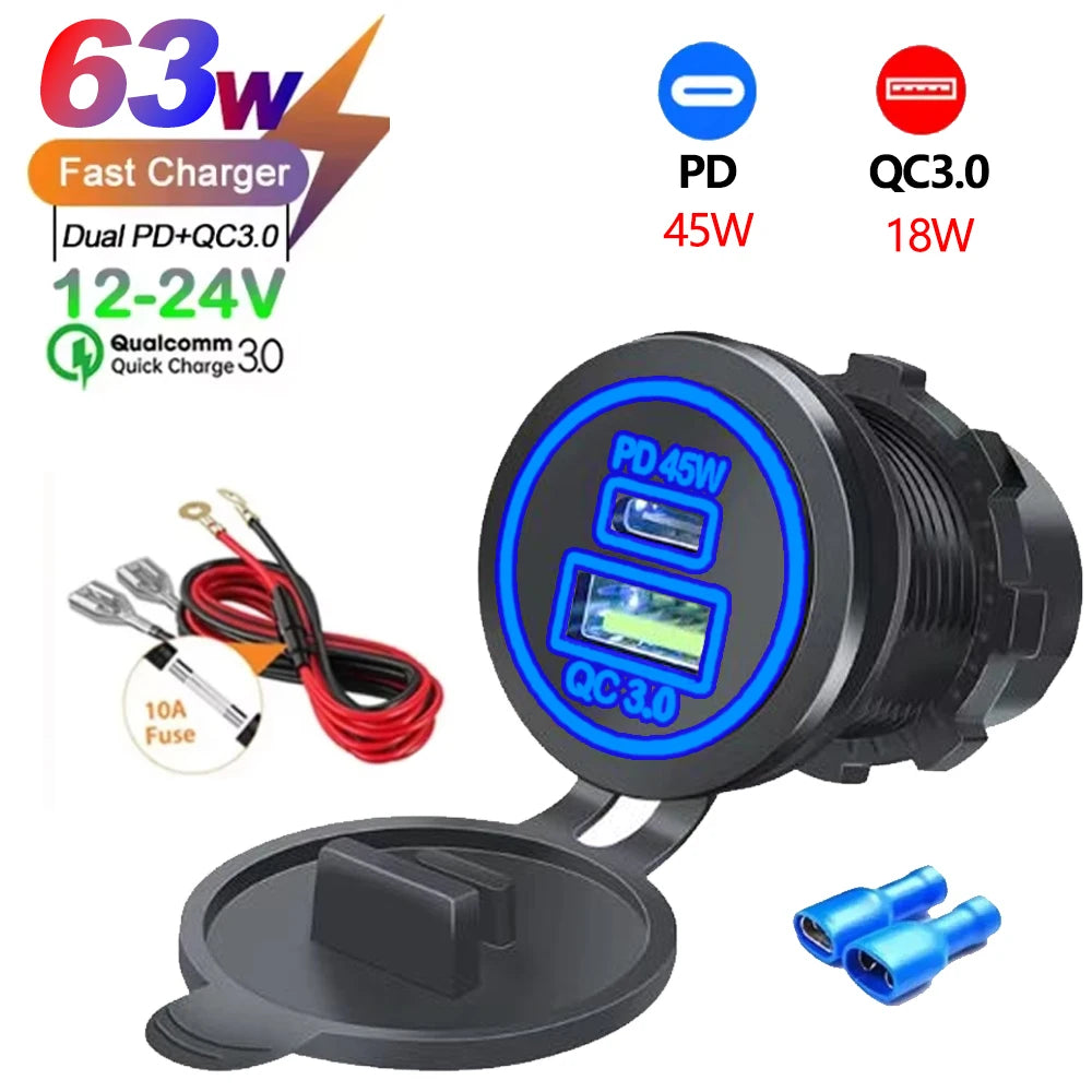 A black car charger with a blue LED display showing PD 45W and QC3.0 18W output, along with USB cables.