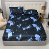 Black fitted bed sheet with a blue marbled print featuring scattered heart shapes and splashes.