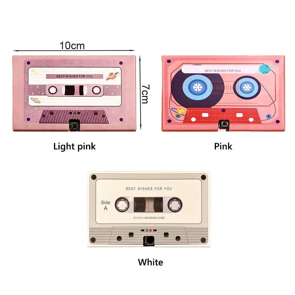 Three recordable voice greeting cards in pink, light pink, and white with cassette designs.