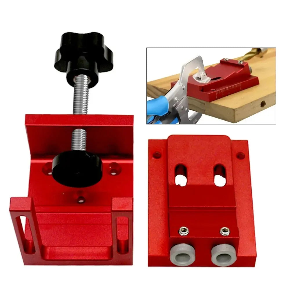Red adjustable pocket hole jig kit for woodworking showing the jig and a clamp tool