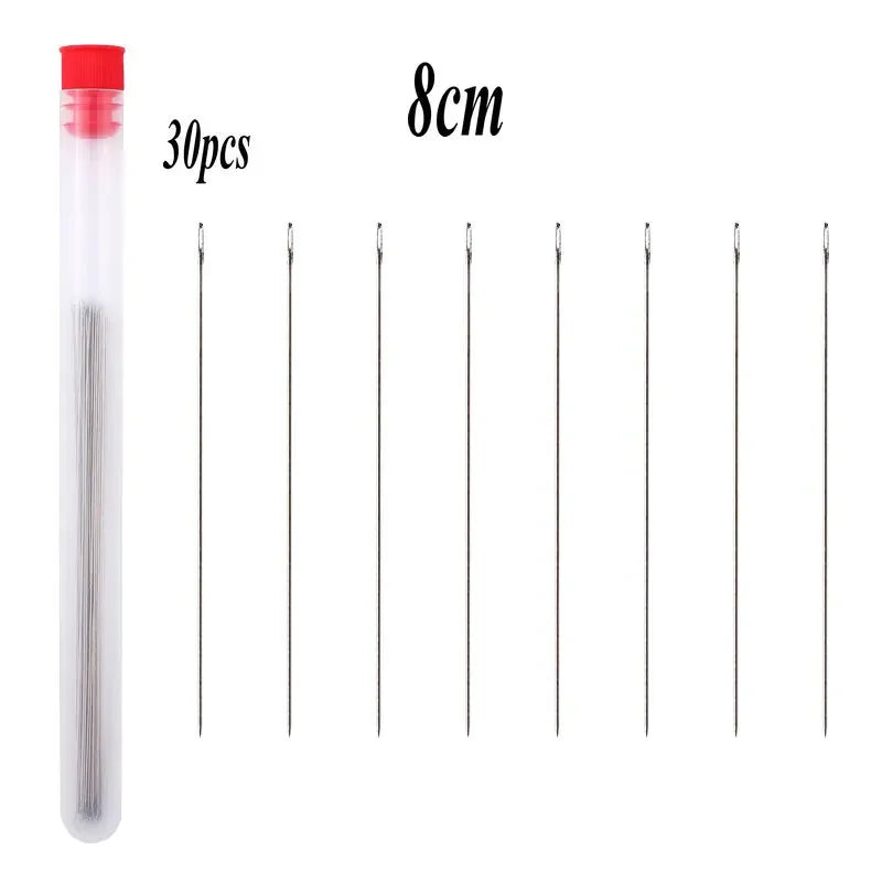 A set of 30 stainless steel beading needles for jewelry making packaged in a clear tube.