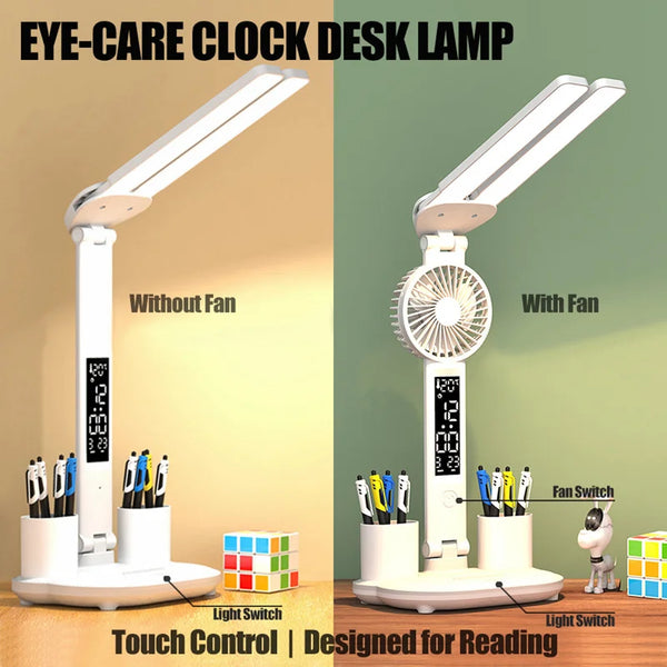Multifunktionale LED-Schreibtischlampe mit Lüfter & Digitaler Uhr