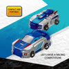 A blue and silver unicorn transformable car toy is shown in a racing competition context.