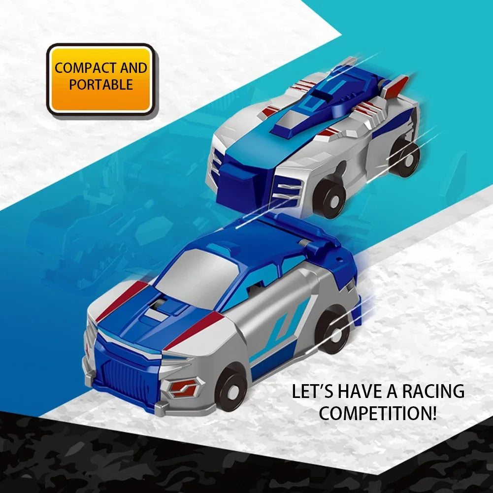A blue and silver unicorn transformable car toy is shown in a racing competition context.