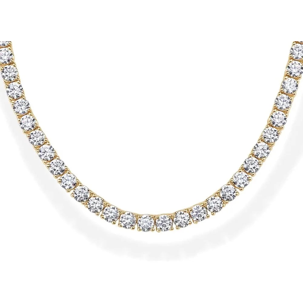 A close-up of a simulated diamond tennis necklace featuring a line of brilliant clear stones.