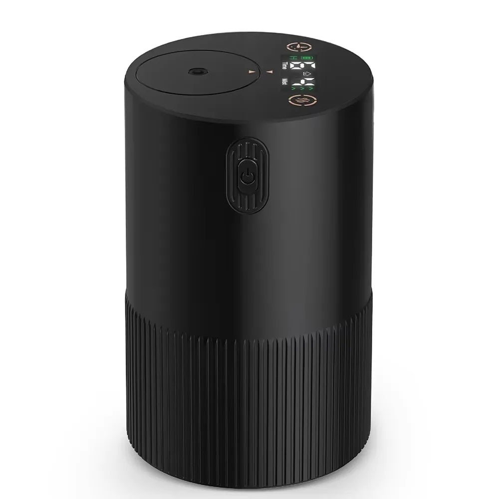 A black portable waterless essential oil diffuser with a textured cylindrical body and control panel.