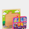 A wooden puzzle set for kids featuring cartoon animals and traffic shapes in pink and yellow colors.