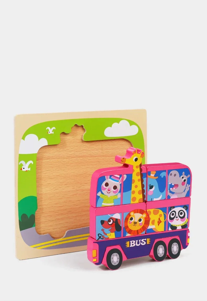 A wooden puzzle set for kids featuring cartoon animals and traffic shapes in pink and yellow colors.