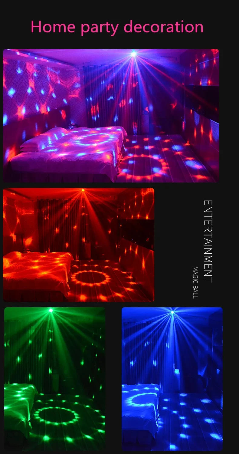 Various scenes of home party decoration using RGB LED disco ball lights creating colorful laser beams and patterns.