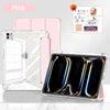Pink slim trifold iPad case with acrylic back featuring a transparent cover and a black display.
