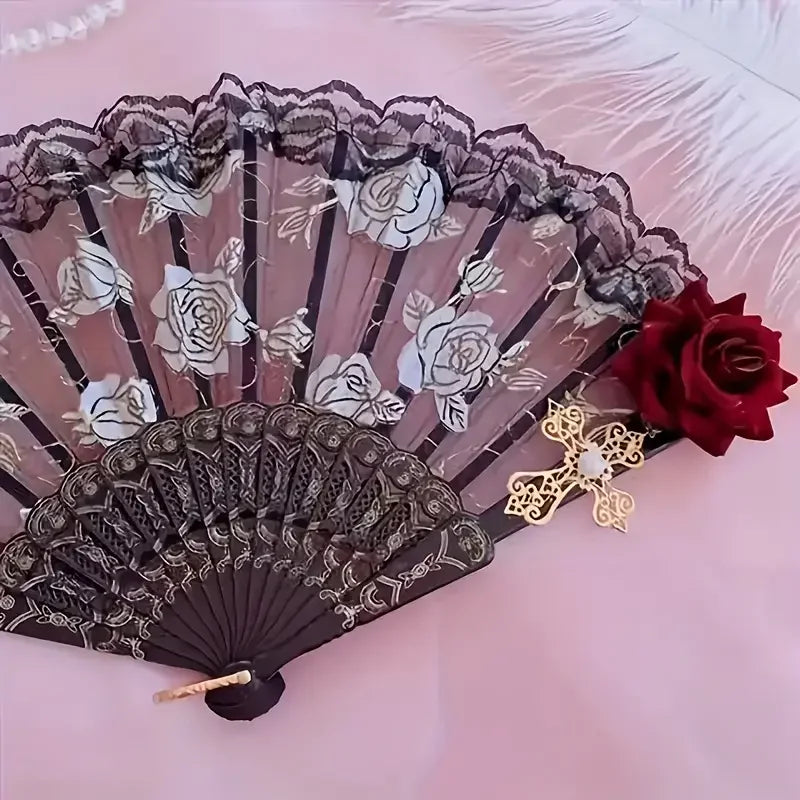 Vintage spanische Flamenco-Rose-Spitze-Handfächer mit dunklen und pinken Blumenmustern