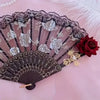 Vintage spanische Flamenco-Rose-Spitze, Handfächer mit dunklen und rosa Blumenmustern