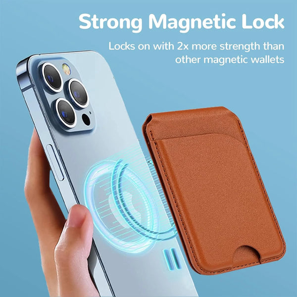 Primer plano de un iPhone mostrando un mecanismo de bloqueo magnético fuerte con una cartera marrón adjunta.
