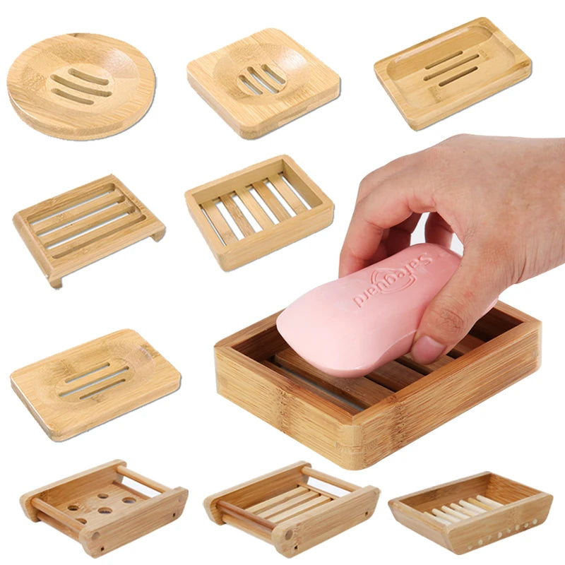 A collection of natural bamboo soap dishes and holders for various soaps and products.