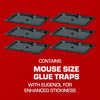 A set of gray mouse size glue traps with eugenol for enhanced stickiness displayed on a red background.