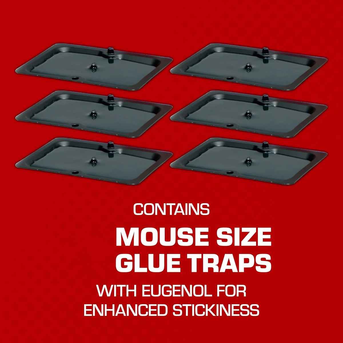 A set of gray mouse size glue traps with eugenol for enhanced stickiness displayed on a red background.